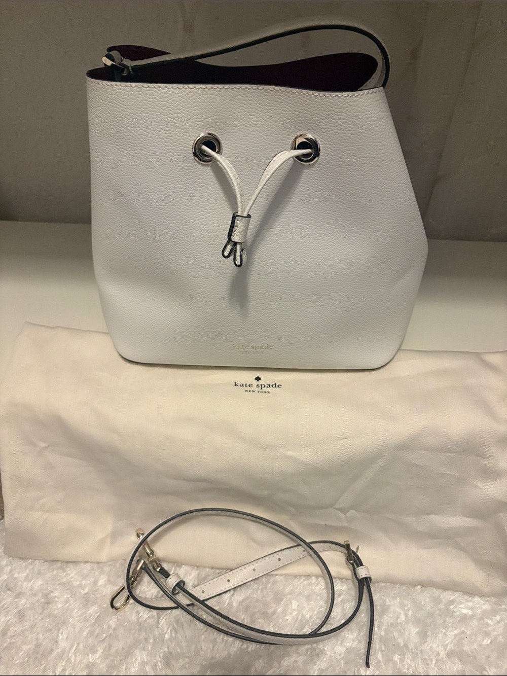 kate spade White Pebbled Leather Drawstring Bucket Shoulder Bag